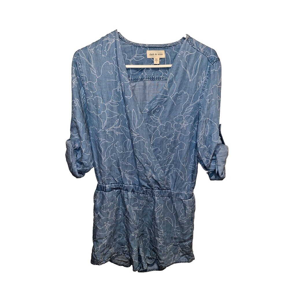 Cloth & Stone Anthropologie Chambray Floral Faux Wrap Romper Size Small Blue